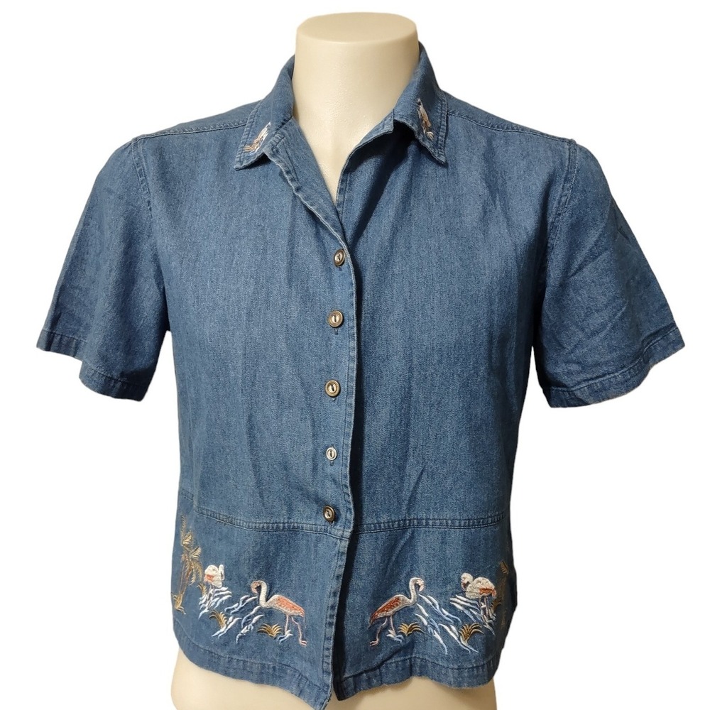 Jane Ashley Shirt Women's Medium Button Up Short Sleeve Blue Jean Embroidered
